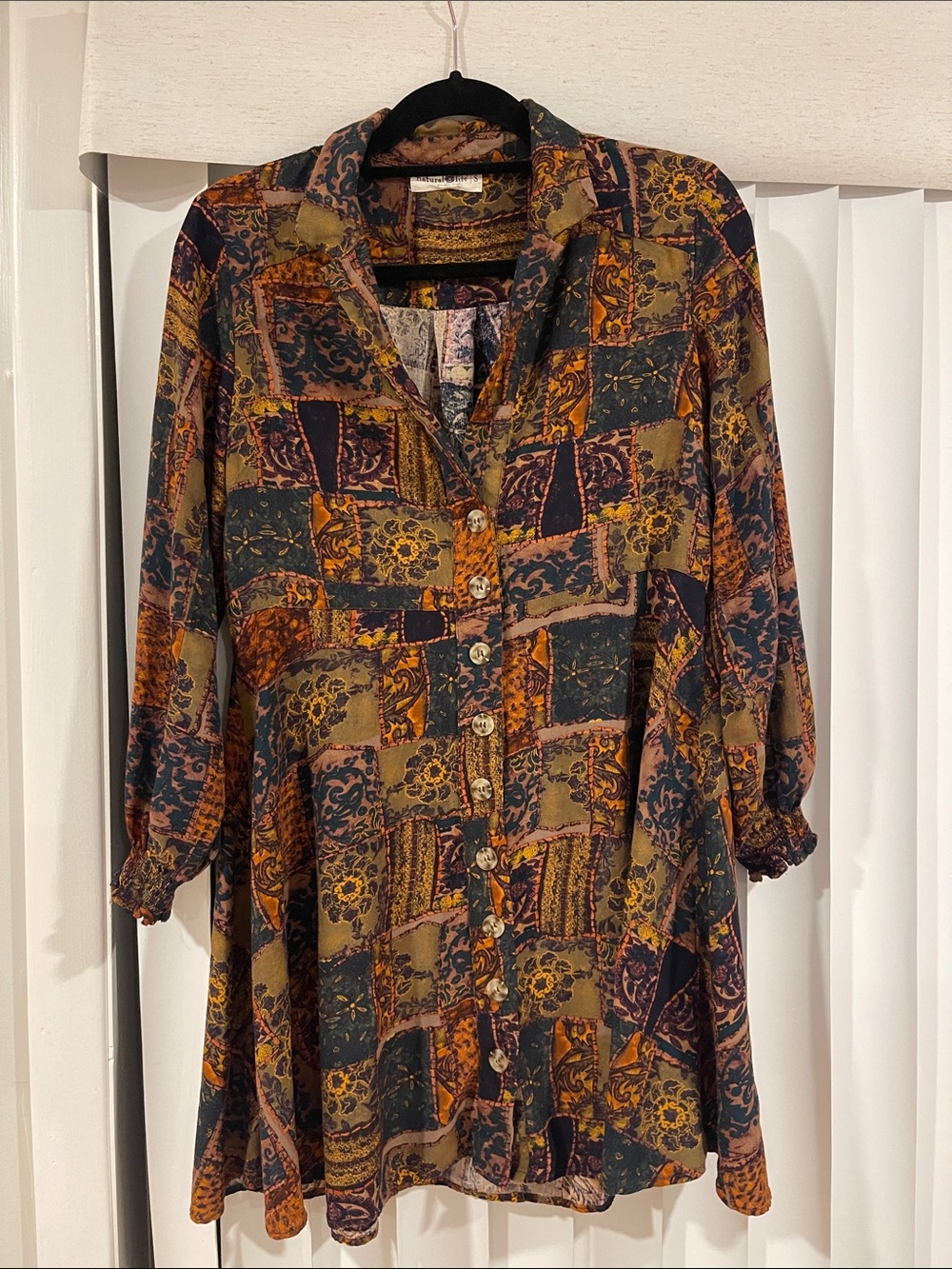 NATURAL LIFE Patchwork Print Button-Front Tunic in Olive, Rust, Navy